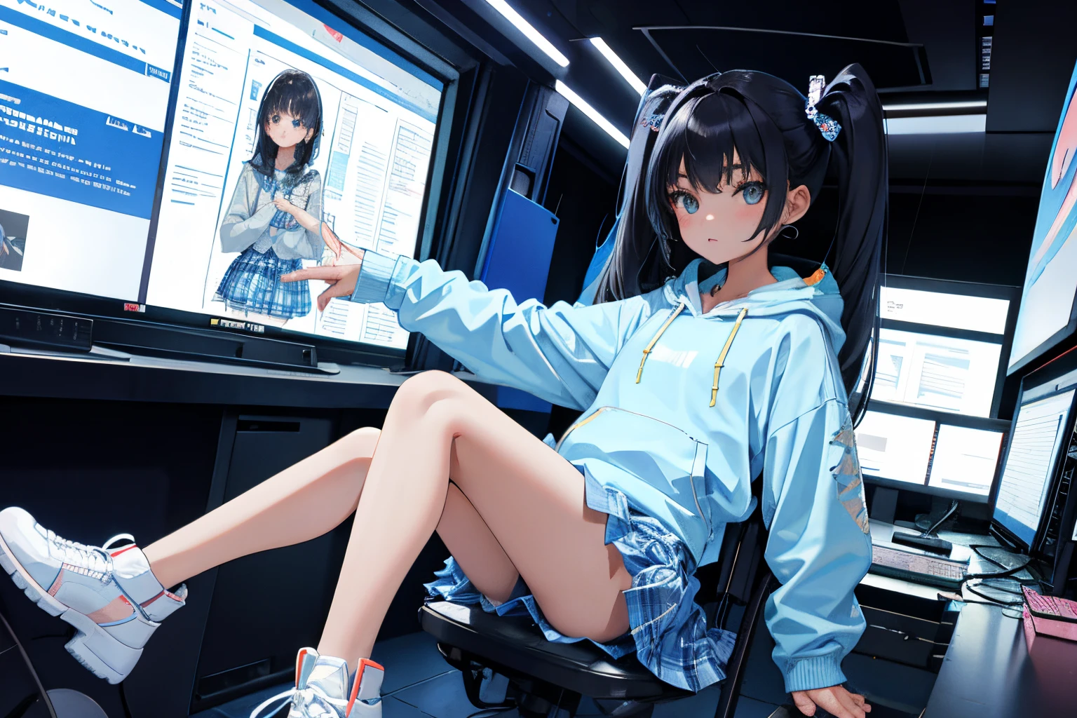 ，（​masterpiece，Highest Quality），Light blue sheer hoodie，plaid skirts，A dark-haired，Twin-tailed