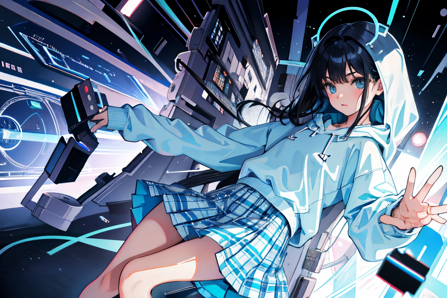 ,(masterpiece,Highest Quality),Light blue sheer hoodie,plaid skirts,A dark-haired,Twin-tailed