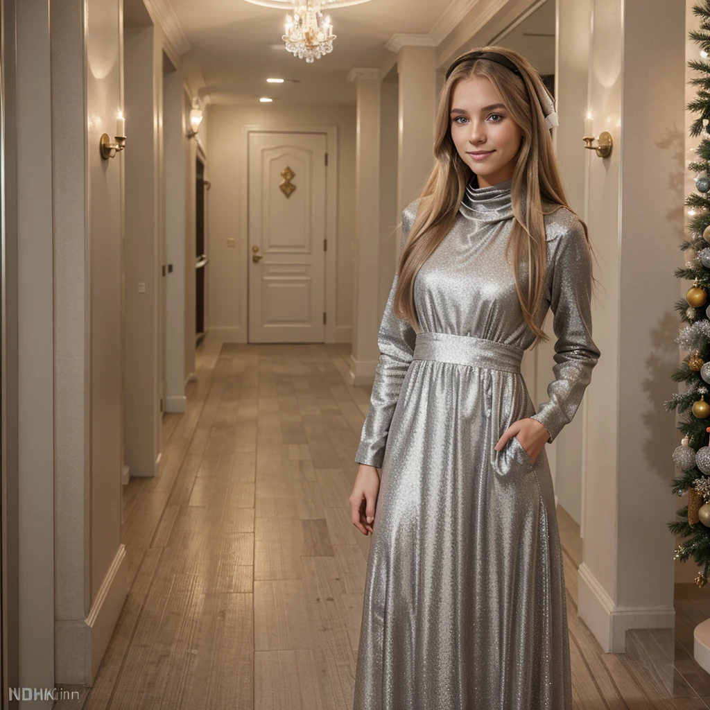 Nikon Z 85mm, Beautiful, one Petite 20-year-old supermodel, long blond hair, Bright gray eyes, ((High detailed skin, Skin Details)), Sharp Focus, 8K UHD, Digital SLR, High quality, gorgeous russian face, smiling, photo realistic, wearing beautiful (((long modest dress))) glittery gray formal dress ((covering legs)). Standing alone in a fancy hotel hallway with Christmas decor. Warm tone atmosphere