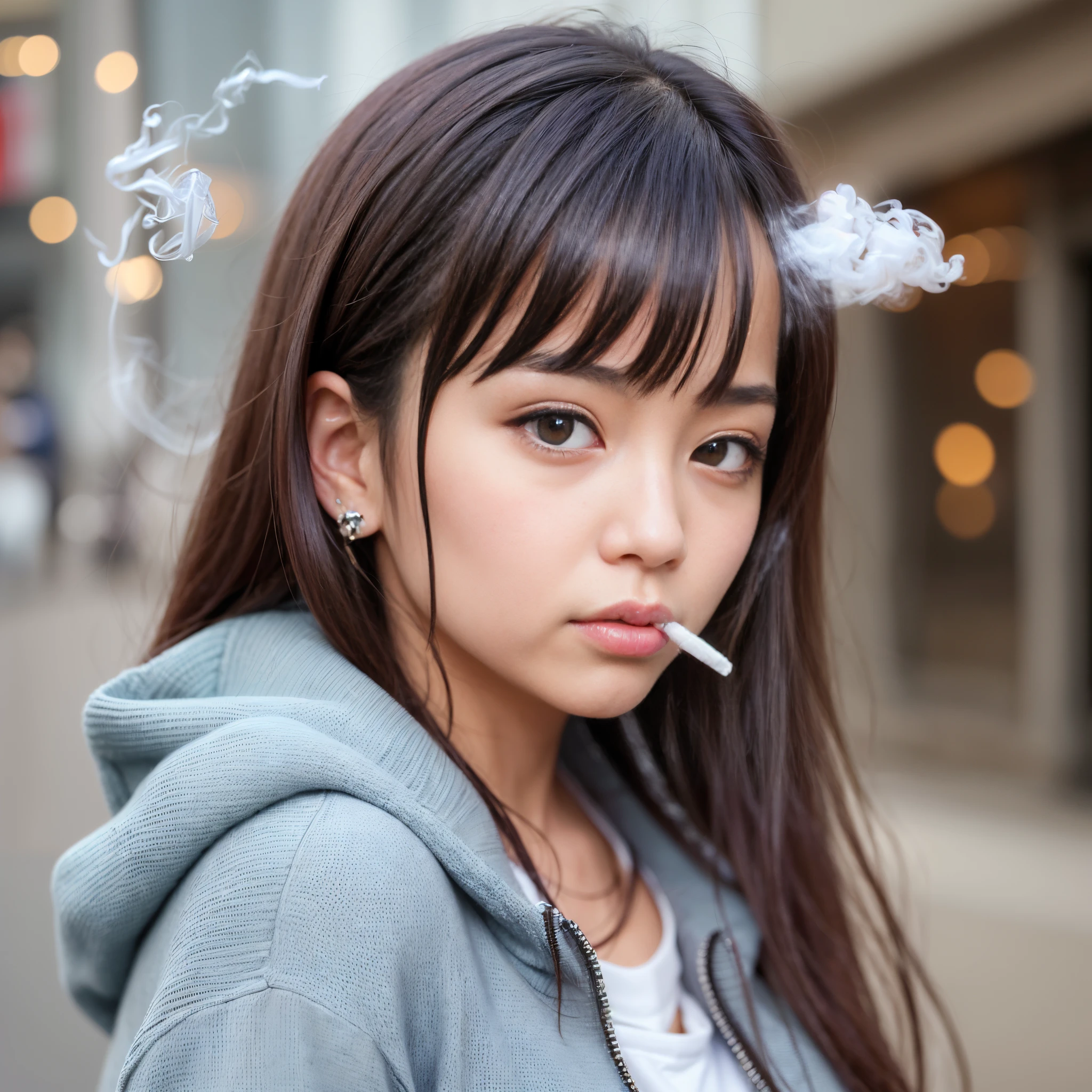 Best-quality, Masterpiece, Ultra-High-Resolution, (Photorealistic:1.4), Raw-Photo, Extremely-Details, Perfect-Anatomy, Ultra-Detailed, 

1girl, the most famous Japanese actress, in Tokyo's main street, detailed Tokyo's main street, ((smoking a cigarette, detailed cigarette, detailed mouth that holded a cigarette):1.5), 

wearing luxurious hoodie with cool design, detailed luxurious hoodie with cool design,

((extremely beautiful face like a most popular Japanese actress, extremely beautiful big black solid circle eyes):1.1), extremely beautiful lips, extremely beautiful mouth that holded a cigarette, extremely beautiful realistic skins