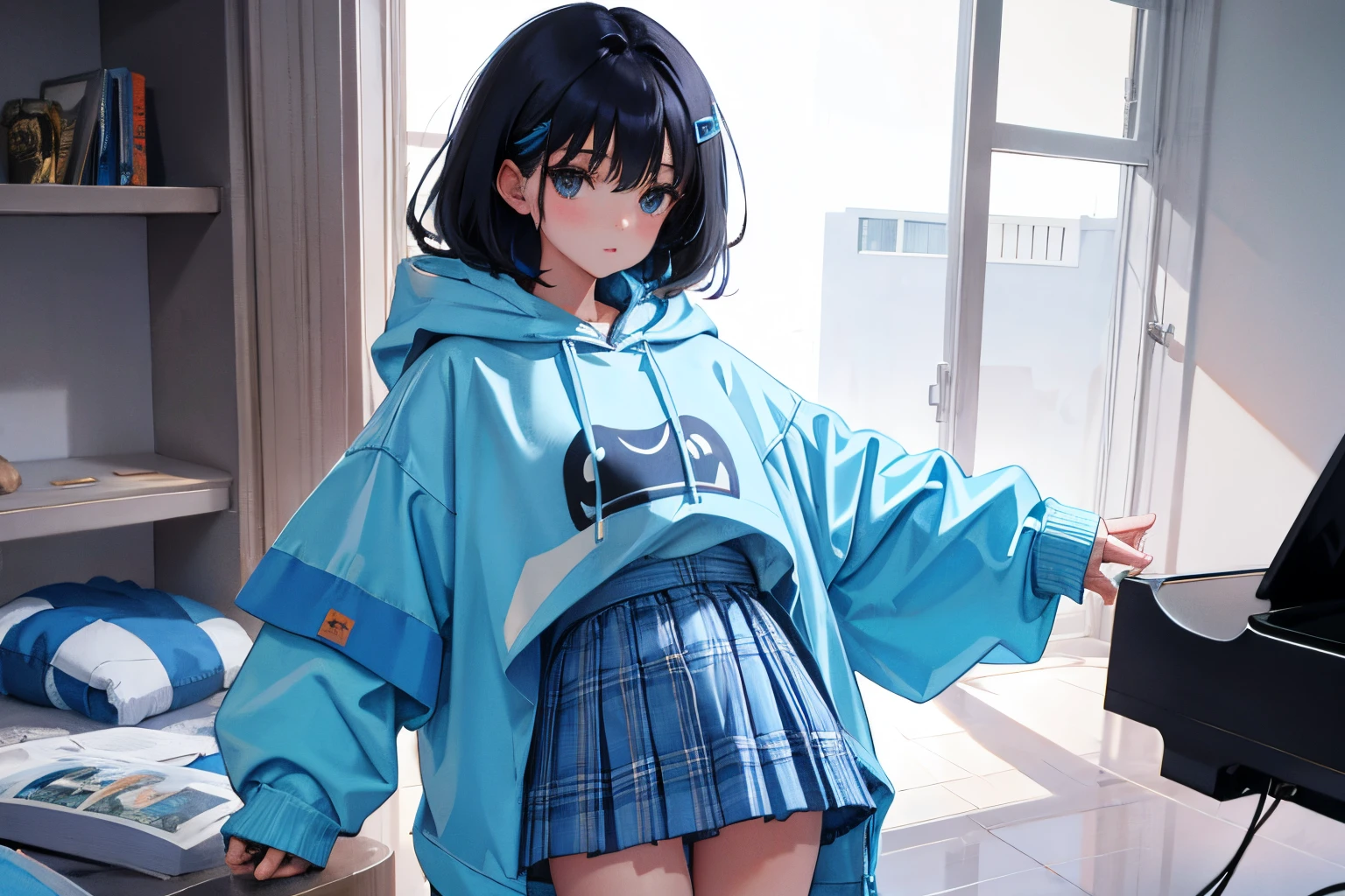 child,(masterpiece,Highest Quality),Light blue sheer hoodie,plaid skirts,A dark-haired,Twin-tailed