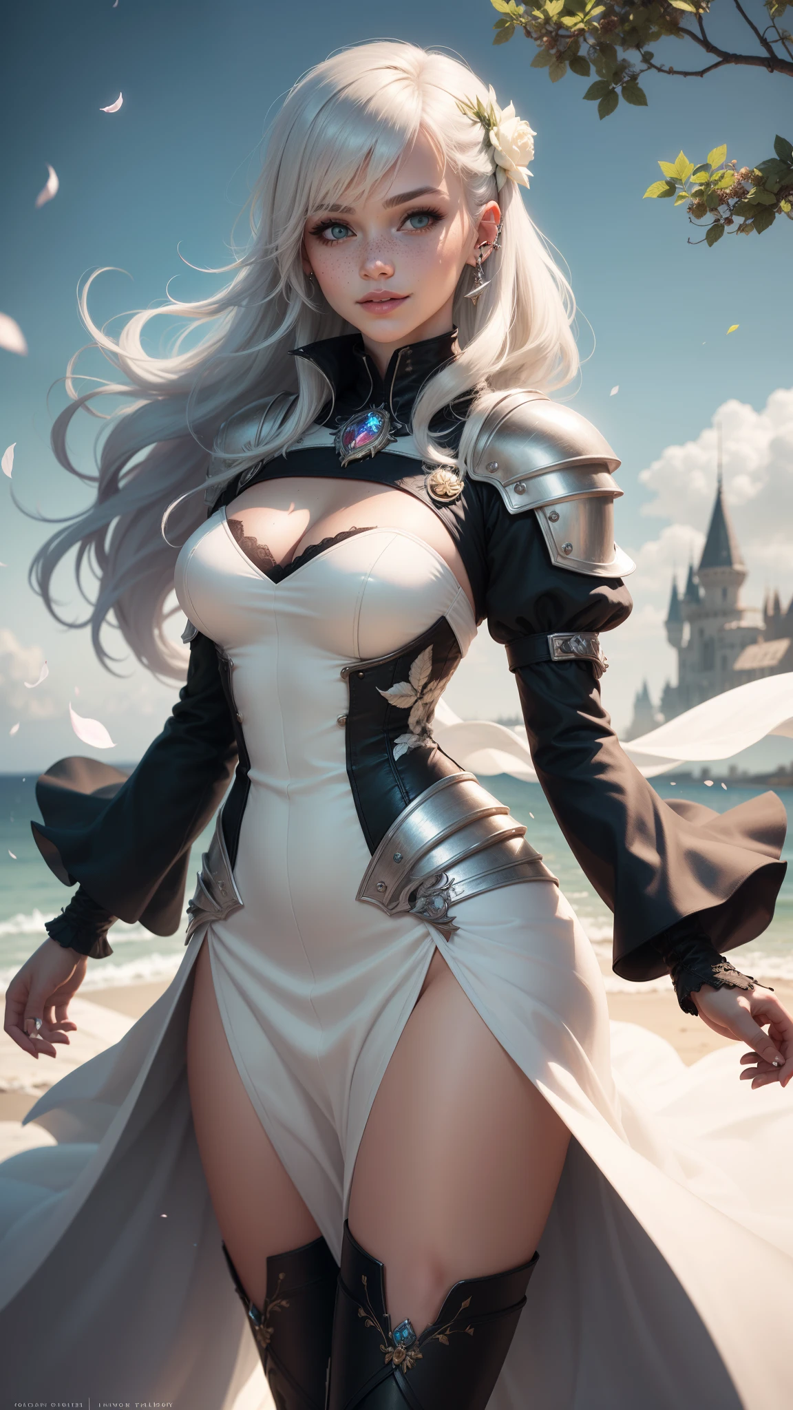 gwen tennyson,yorha 2b,tracer,y'shtola rhul,solo girl,overwatch,atelier ryza,close up,valley view,tattoos,royal gray and white plugsuit,white short sleeve knight top,full plate steel knight armor top,long knight skirt,snowflake embroidery knight corset,long curly hair,princess makeup,green eyes,multicolored silver hair,long dress train,sexy smile,freckles,beautiful girl,knight thigh high boots,large breasts,8k,ultra detailed,realistic,fantasy art,silver knight uniform,wedding gown dress,ear piercings,crystal ice hand and neck jewelry,(weather:windy),long royal rose knight coat,magic castle,silver hair pin, petals flying,blossom petals flying,