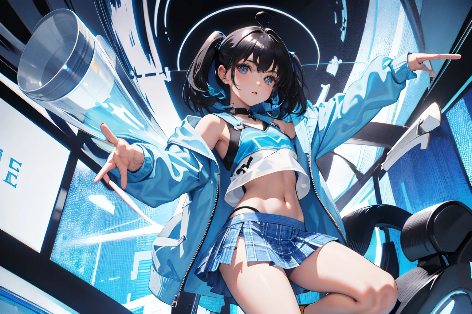 ,(masterpiece,Highest Quality),Light blue sheer hoodie,Crop Top Look,plaid skirts,A dark-haired,Twin-tailed