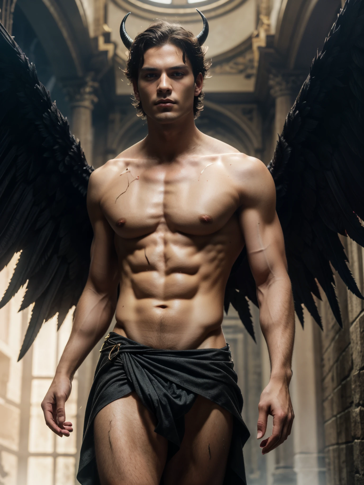 ((masterpiece)),((bestquality)),8k, high detailed, ultra-detailed, Stylish Pose, real skin texture, cinematic lighting, 21 year old male model, handsome, walking over burning coal, cute looking, evil look, black demon horns, white pale skin, blue eyes, (short brown messy hair:1), strong jawline, masculine, defined fit body, muscular, shirtless, pantless hairless chest, evil dark aesthetic. gothic architecture, hellfire ground, black massive huge angel wings, spartan loincloth, male skirt, (soft light:1.6) (dim light:1.3), dark atmosphere, cinematic lighting, backlight, Depth of field, award-winning photography, elegant, hyperrealistic, high definition, 8k resolution, highly detailed, 8k uhd, professional lighting, photon mapping, physically-based rendering