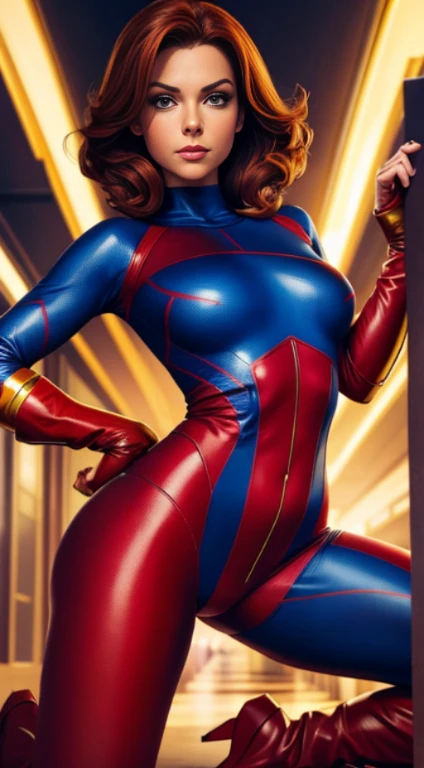 (best quality,4k,8k,highres,masterpiece:1.2), ultra-detailed, (realistic,photorealistic,photo-realistic:1.37), HDR, UHD, studio lighting, extreme detail description, professional, vivid colors, bokeh, women's hero, brown hair, wearing red spandex suit, with no skin showing, has blue circle on her chest, wearing blue gloves, wearing blue boots, confident, heroic pose, vibrant background, greenery, dynamic action, intense expression, atmospheric lighting, surreal, bold strokes of paint, intense shadows and highlights, mysterious ambiance, epic scene, and lives in military base