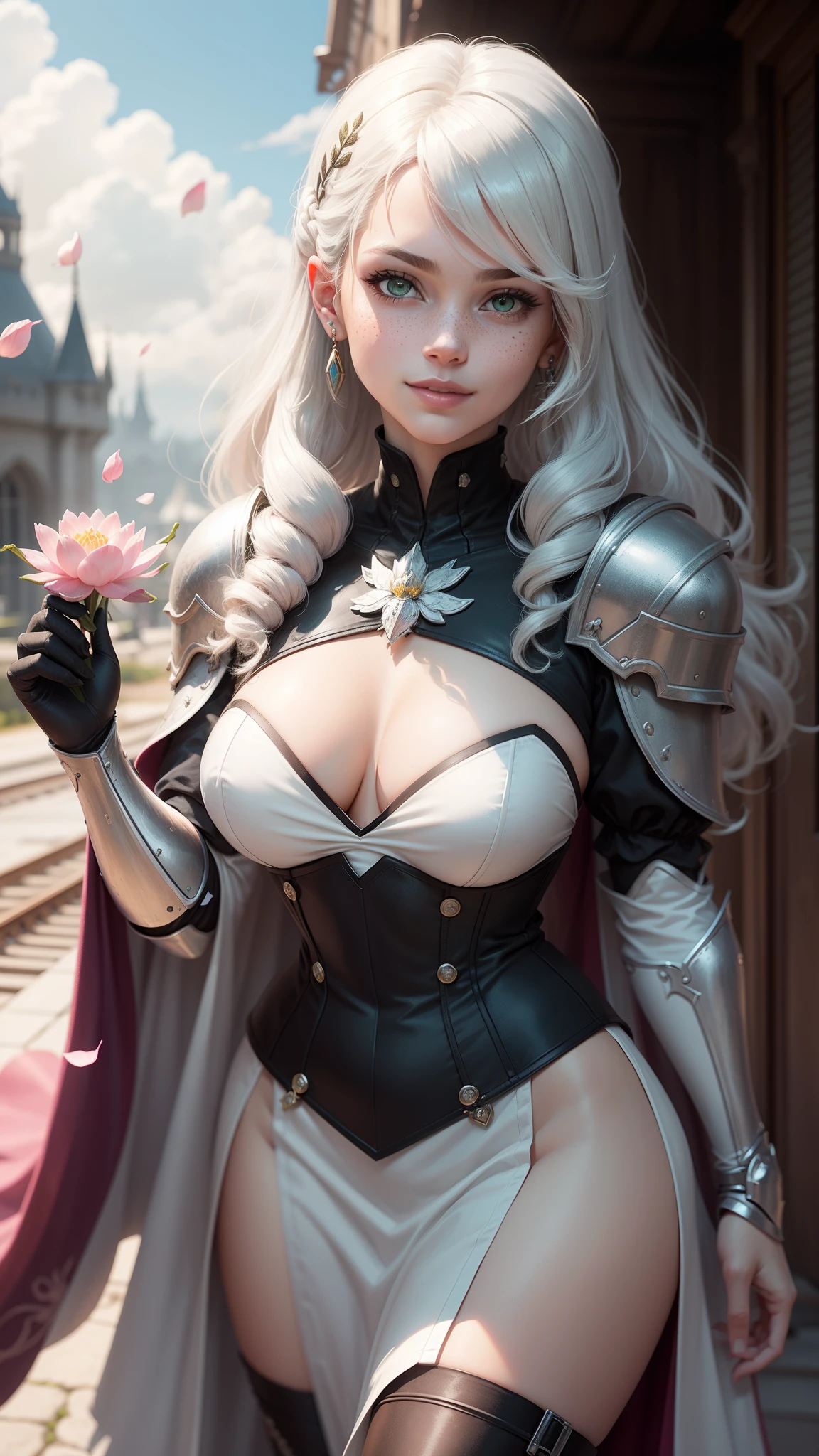 gwen tennyson,yorha 2b,tracer,y'shtola rhul,solo girl,overwatch,atelier ryza,close up,valley view,tattoos,royal gray and white plugsuit,white short sleeve knight top,full plate steel knight armor top,long knight skirt,lotus embroidery knight corset,long curly hair,princess makeup,green eyes,multicolored silver hair,long dress train,sexy smile,freckles,beautiful girl,knight thigh high boots,large breasts,8k,ultra detailed,realistic,fantasy art,silver knight uniform,wedding gown dress,ear piercings,crystal lotus hand and neck jewelry,(weather:windy),long royal pink knight coat,magic castle,silver hair pin, lotus petals flying,blossom petals flying,