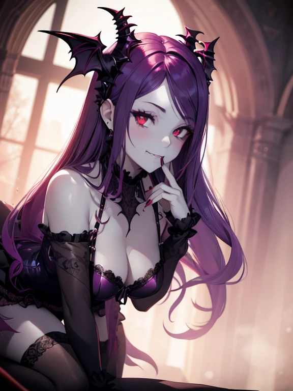 (best quality,4K,hight resolution:1.2),red-eyed succubus,gorgeous in a beautiful purple dress,langes, flowy hair,decorated wings,Tattoos on her body,Perfectly manicured nails,High Heels mit Spikes,black stockings and garters,tempting smile,dark and seductive,umgeben von einer mystischen Aura,with an enigmatic expression,anmutig im Mondlicht tanzen,Gothic atmosphere,ethereal beauty,demonic charm,lebendige Farben und scharfer Fokus,haunting and seductive,mit einem Hauch von Geheimnis,Ihr Blick strahlt Selbstvertrauen aus