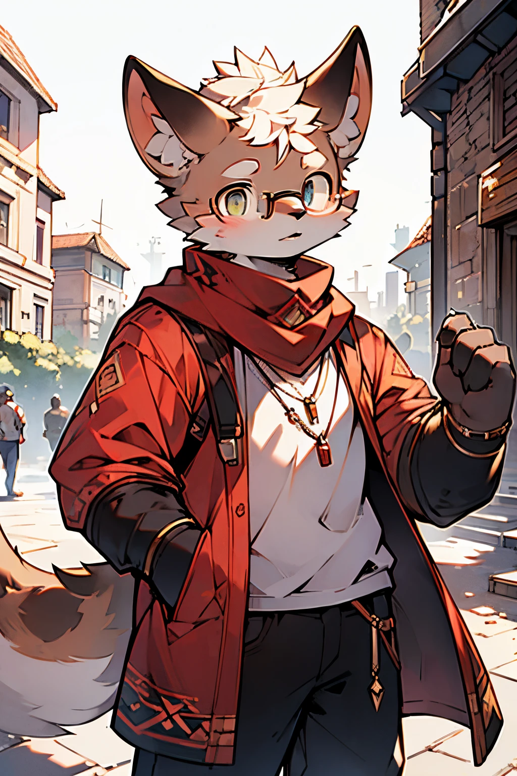 London in the 20th century,human,Corra sozinho,Use uma camisa branca,Casaco preto curto e desgastado,Red scarf shirt,olhos vermelhos,wearing black glasses,Handsome(uma obra-prima)(alta qulidade)(estrutura clara)(Plano de fundo claro com detalhes extremos)(extremely detailed character)