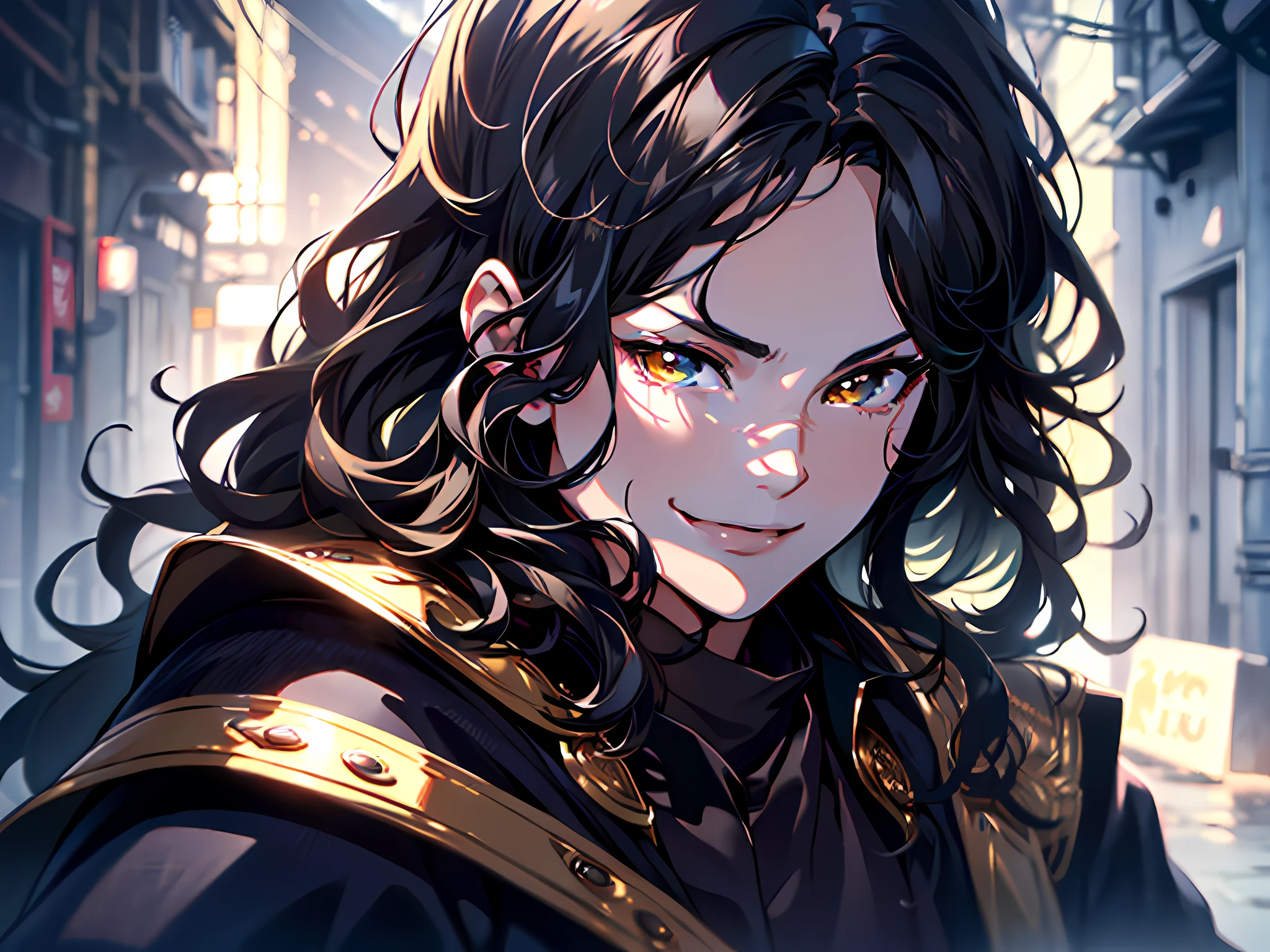 (Best Quality,4k,8K,hight resolution,Masterpiece:1.2),Ultra-detailed,(Realistic,Photorealistic,photo-realistic:1.37),the anime,menino,Wavy Hair,black hair,Twinkling eyes,golden eyes,Shirt,cloak,Dark clothing,arrogance,Portrait,upper-body,血,madness,smirk