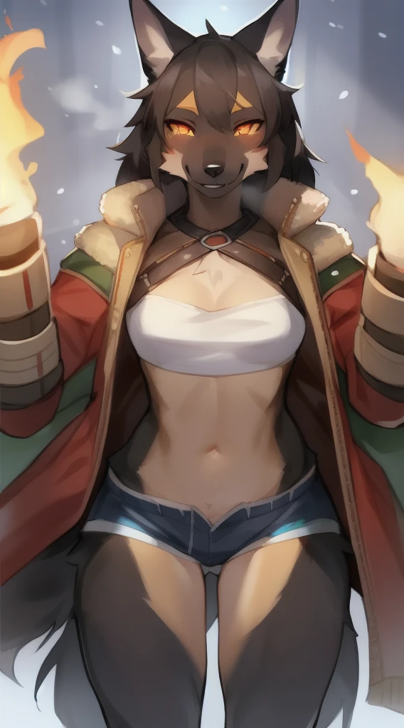 独奏, (A girl:1.2), , eye liner, lips, Short shorts, long-sleeved jacket, Adventure Clothing, DND Style, Author: Bebebebebe, Belgian Shepherd Groenendael, black fur color, Fluffy, Black lip gloss, mid length hair, small waist, wide hips, Slim, the perfect body, The dominant point of view, predatory smile, steam from the body, Winter is coming, warrior, Burning eyes, self-assurance, pride