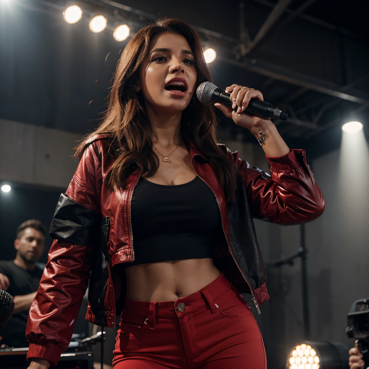 Mulher loira cantando, microfone, jaqueta preta, blusa branca, red pants, 21k, ultra-realistic