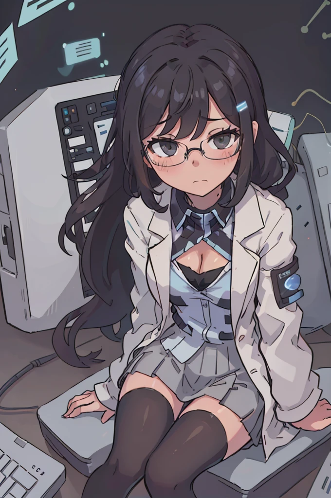 black hair, girl, long hair, scientist, glasses, cleavage, sitting by futuristic computer screen, typing on holographic keyboard, closed coat, (lab coat), knee-length skirt, tight skirt,