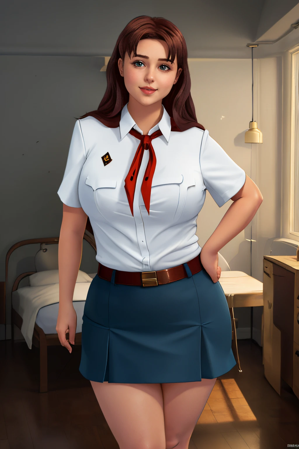 masterpiece, (photorealistic), (8k wallpaper) , (best quality), perfect quality, solo, (detailed eyes:0.9), girl, Olga Dmitrievna, red hair, eating donut, small smile, very young, face : (very young, European, very beautiful face, young). figure : (very full figure, curvy, very plump, very chubby, very chubby belly, love handles, muffin top,very soft, very thick, sexy, sexy pose, fat, fat rolls, belly rolls, very fat hips, belly bulge, fat ass, fat thighs). clothes: ( short tight miniskirt, tight uniform, very tight shirt).