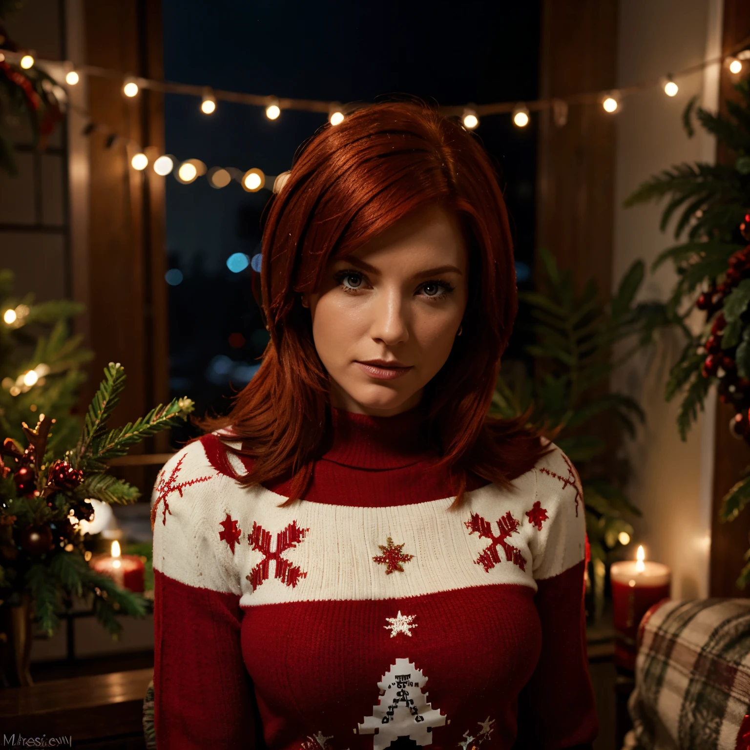 Red head Femshep wearing Christmas sweater, mass effect, Christmas decorations