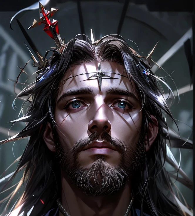 Draw a picture of Jesus with an expression of deep pain and suffering. Show the marks of the crucifixion, with a crown of thorns on his head. Your eyes should reflect sadness and compassion. Use a dark background to intensify the atmosphere of sacrifice and suffering. A imagem deve transmitir a profundidade da sua dor, but also the strength of your love and sacrifice