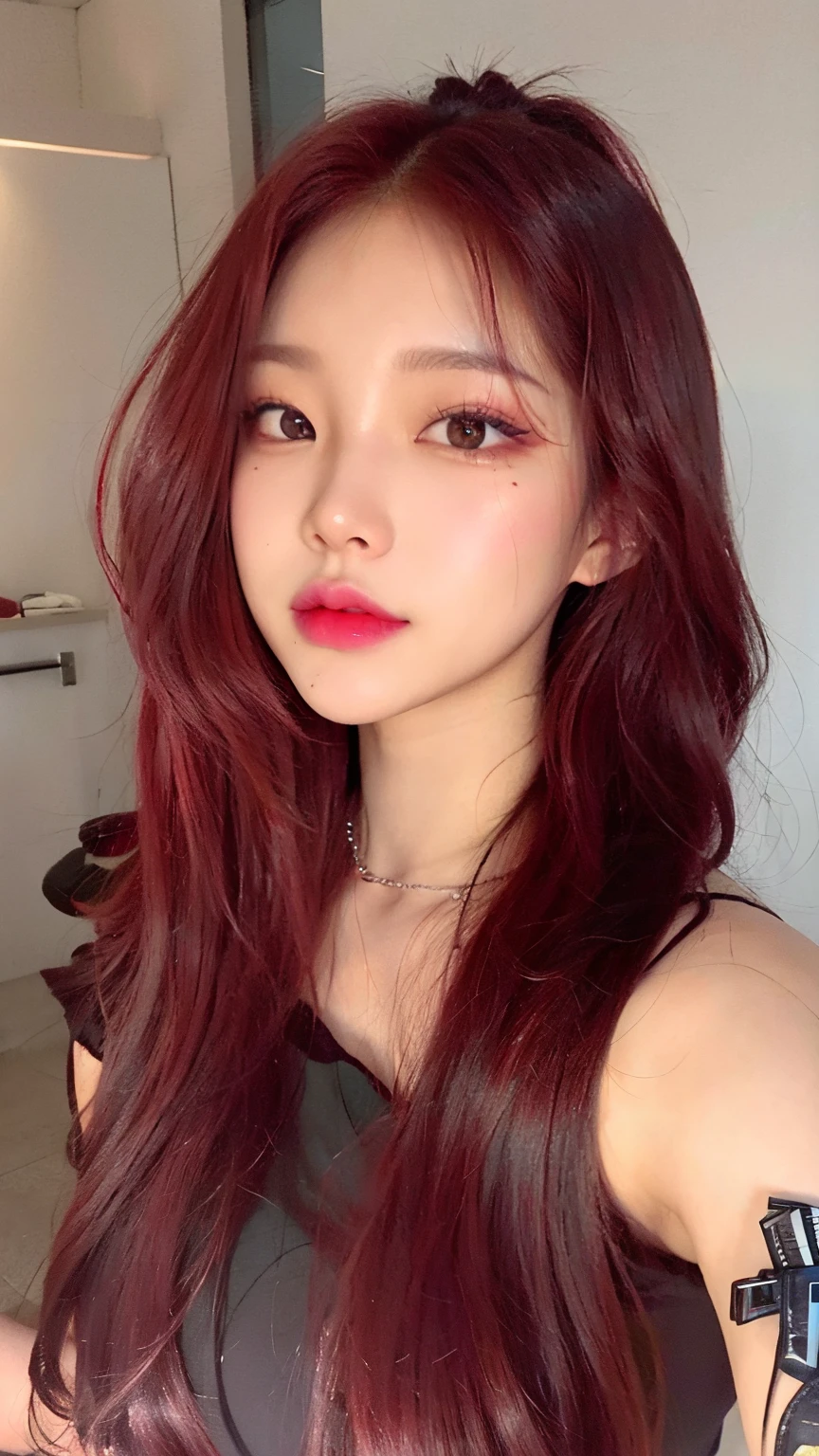 asian korean young woman hair light red beautifull hyper realstic in restaurant eating