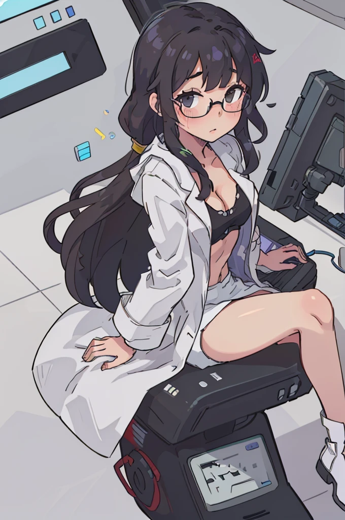 black hair, girl, long hair, scientist, glasses, cleavage, sitting by futuristic computer screen, typing on holographic keyboard, closed coat, (lab coat), knee-length skirt, tight skirt, buttoned shirt