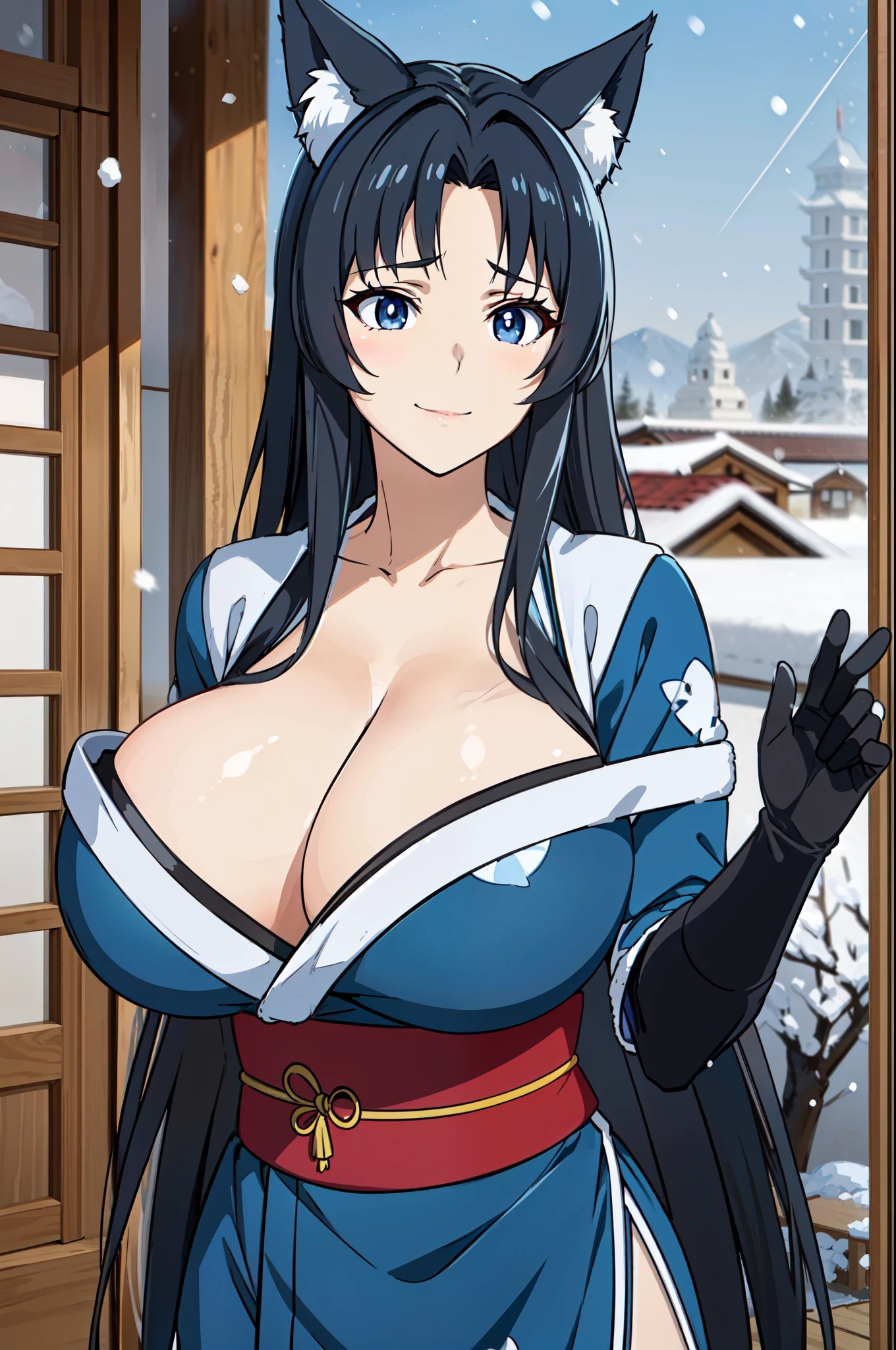 masterpiece, best quality, extremely detailed, 1girl, gyaru, solo, chiyome, (huge breasts:1.4), (((black hair, very long hair, parted bangs blue eyes, slit pupils, animal ear fluff))), parted lips, (((collarbone, blue kimono, snowflakes print, black gloves))), ((light smile), closed mouth), ((hands on own hips, china town, winter, snowing)), parody
