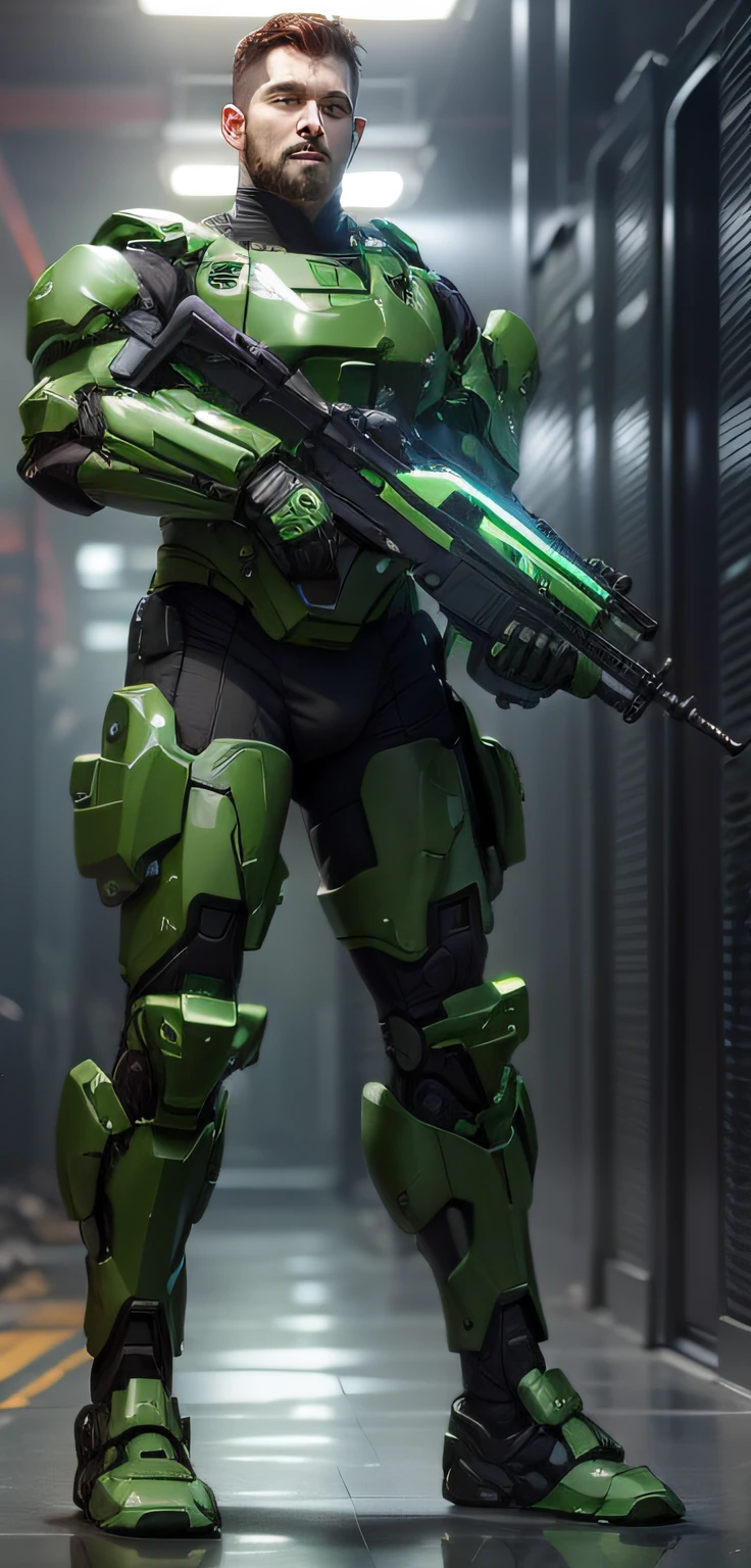 Full body shot of a man in a green suit with a helmet and goggles, mjolnir armor from halo infinite, metallic green armor, green armor, master chief, master chief from halo, wearing green battle armor, halo master chief, wearing green armor and helmet, hardsurface armour, halo infinite!!, halo infinite, clothed in sci-fi military armor