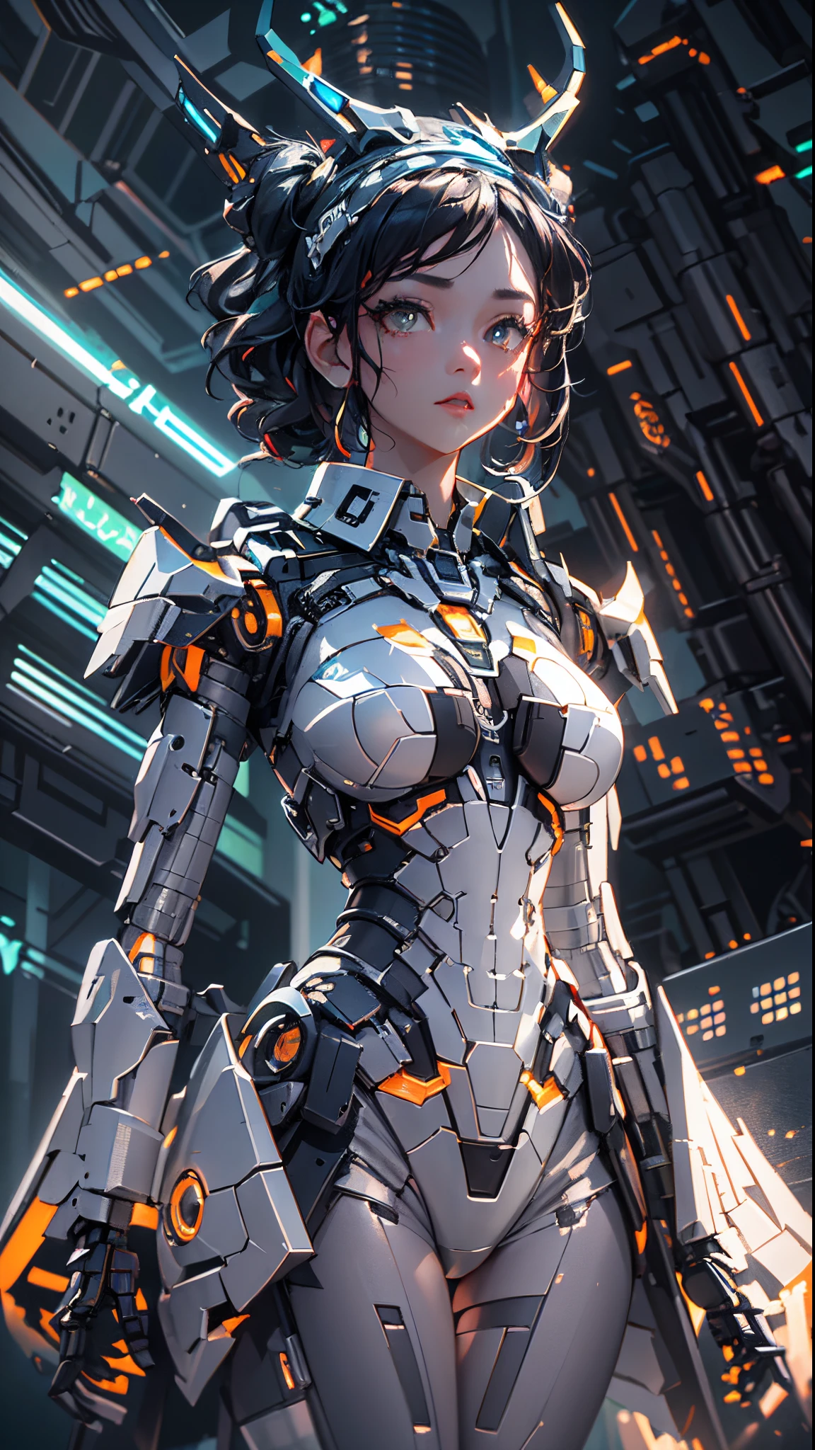 (Best Quality)), ((Masterpiece)), (Very Detailed: 1.3), 3D, Icaru valkirie-mecha, Beautiful cyberpunk woman wearing crown, with master chef style armor, sci-fi technology, HDR (High Dynamic Range), ray tracing, nvidia RTX, super resolution, unreal 5, subsurface scattering, PBR texture, post-processing, anisotropic filtering, depth of field, maximum sharpness and sharpness, multi-layer texture, Specular and albedo mapping, surface shading, accurate simulation of light-material interactions, perfect proportions, octane rendering, duotone lighting, low ISO, white balance, rule of thirds, wide aperture, 8K RAW, high efficiency subpixels, subpixel convolution, light particles, light scattering, Tyndall effect, very sexy, full body, battle pose, black hair with braids,