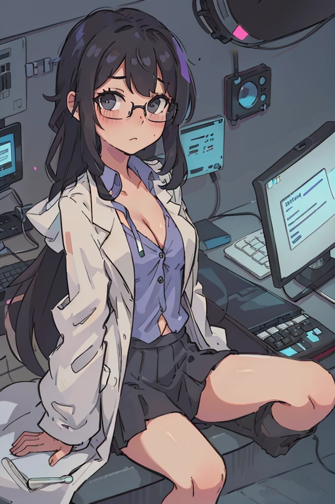 black hair, girl, long hair, scientist, glasses, cleavage, sitting by futuristic computer screen, typing on holographic keyboard, closed coat, (lab coat), knee-length skirt, tight skirt, button-up shirt