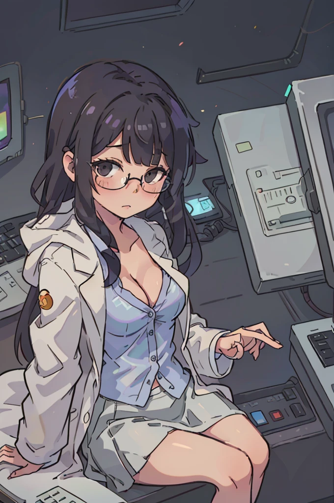 black hair, girl, long hair, scientist, glasses, cleavage, sitting by futuristic computer screen, typing on holographic keyboard, closed coat, (lab coat), knee-length skirt, tight skirt, button-up shirt