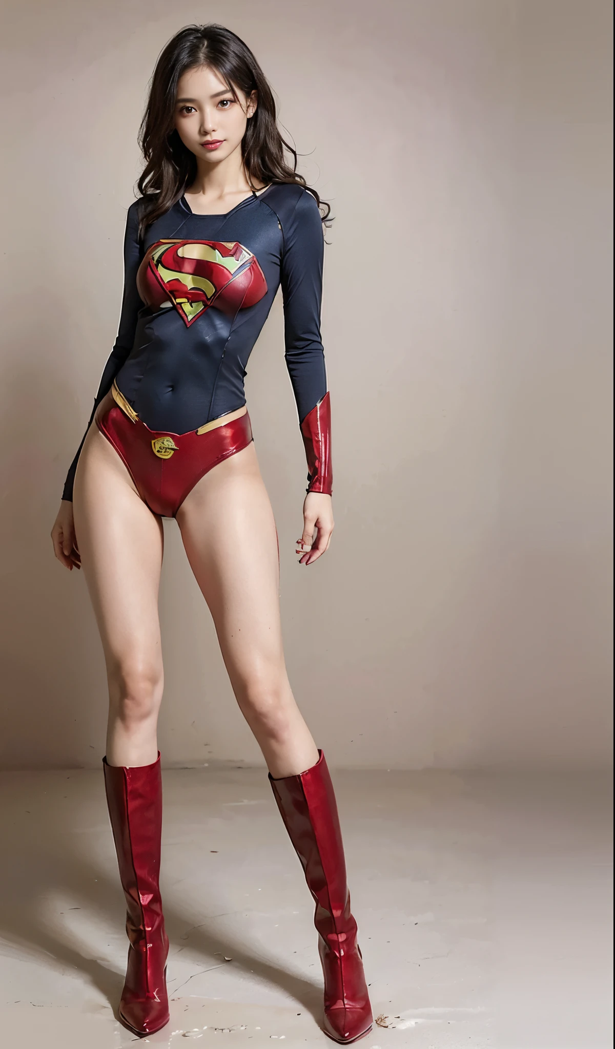 (((Wear black tights on your beautiful legs.)))、(((Grow legs、tall、Legally express the beauty of your smile)))、((((Make the most of the original image)))、(((Supergirl Costume)))、(((beautiful hairl)))、(((Suffering)))、(((Feet must necessarily be worn with black tights)))、(((You need to wear red boots)))、((Top image quality、8K))、((top-quality、8K、masterpiece:1.3))、(((Keep Background )))、Crisp focus:1.2、Beautiful woman with perfect body shape:1.4、Slender Abs:1.2、a wet body:1.5、Highly detailed facial and skin texture、8K