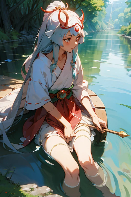 Princess Mononoke Princess Mononoke, Mononoke Hime,san from princess mononoke, princess mononoke, sit in water, sit in river, river, face zoom, ghibli