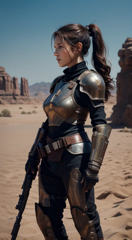 realistic image in 8k of a 30-year-old female, brown hair, slicked in tight ponytail, dressed in a black RPG warrior mandalorian full body armor, standing in the middle of desert with thee sniper rifle held to her face, shooting to the target outside the frame, hyperdetailed face, profile picture of whole body, expression of focus, art style realistic star wars