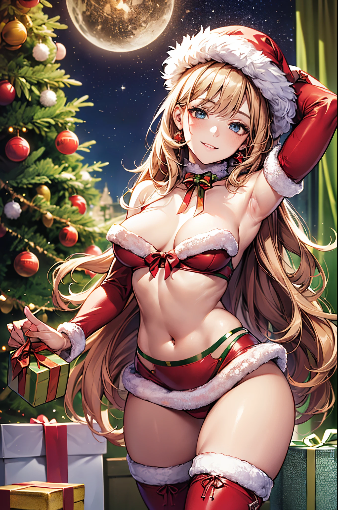 ((perfect anatomy, perfect human body, super detailed skin)), 1 girl, japanese, , shiny skin, watching the view,
beautiful hair, beautiful face, beautiful detailed eyes, (long hair:1.7, side ponytaail:1.5), blond hair, blue eyes, mole under eye,
beautiful clavicle, beautiful body, beautiful chest, beautiful thigh, beautiful legs, babyface, me breasts, perfect body, gorgeous faces, seductive boobs, seductive thighs,
((symmetrical clothing, metallic red santa outfit with lots of frills, victorian santa outfit, white fur, metallic red large hat, metallic red santa claus fur boots)), hair adornments,
(boldly smile), (((opening a gift bag))),
(beautiful scenery), christmas night, indoors, livingroom, (christmas tree:1.3),
(top-quality, masterpiece:1.2, extremely detailed), (photorealistic:1.4), beautiful illustration, cinematic lighting, (thigh focus, from below, view from forward:1.3),