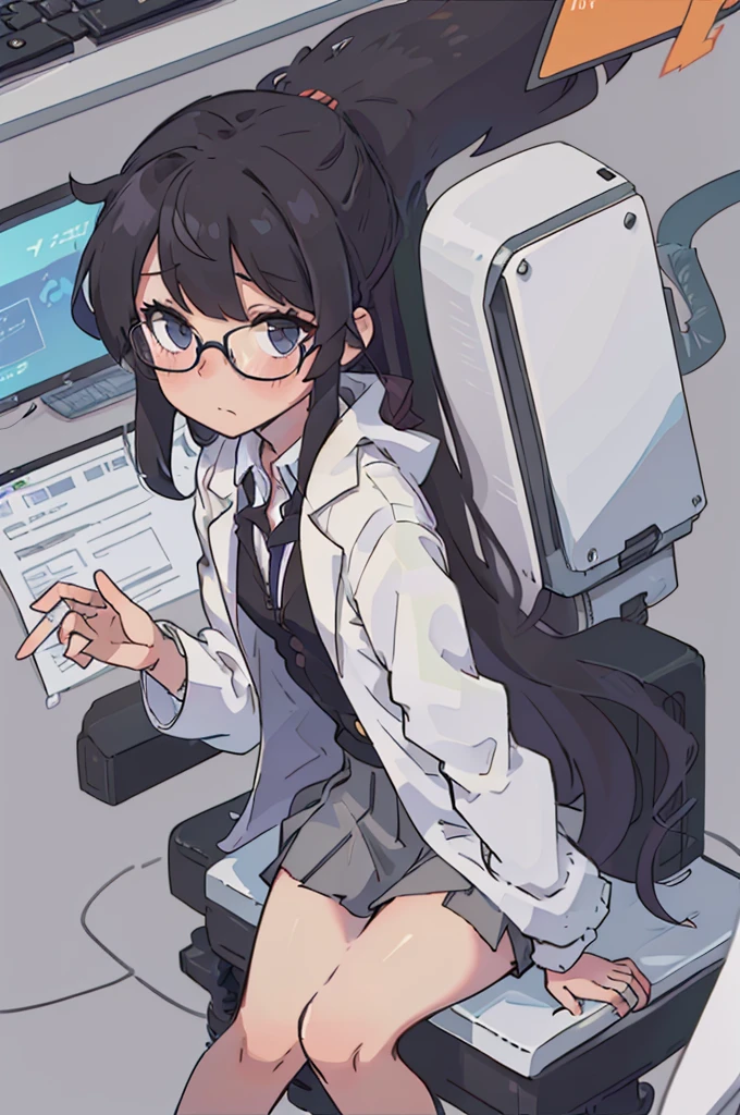 black hair, girl, long hair, scientist, glasses, sitting by futuristic computer screen, typing on holographic keyboard, closed coat, (lab coat), knee-length skirt, tight skirt, white button-up shirt