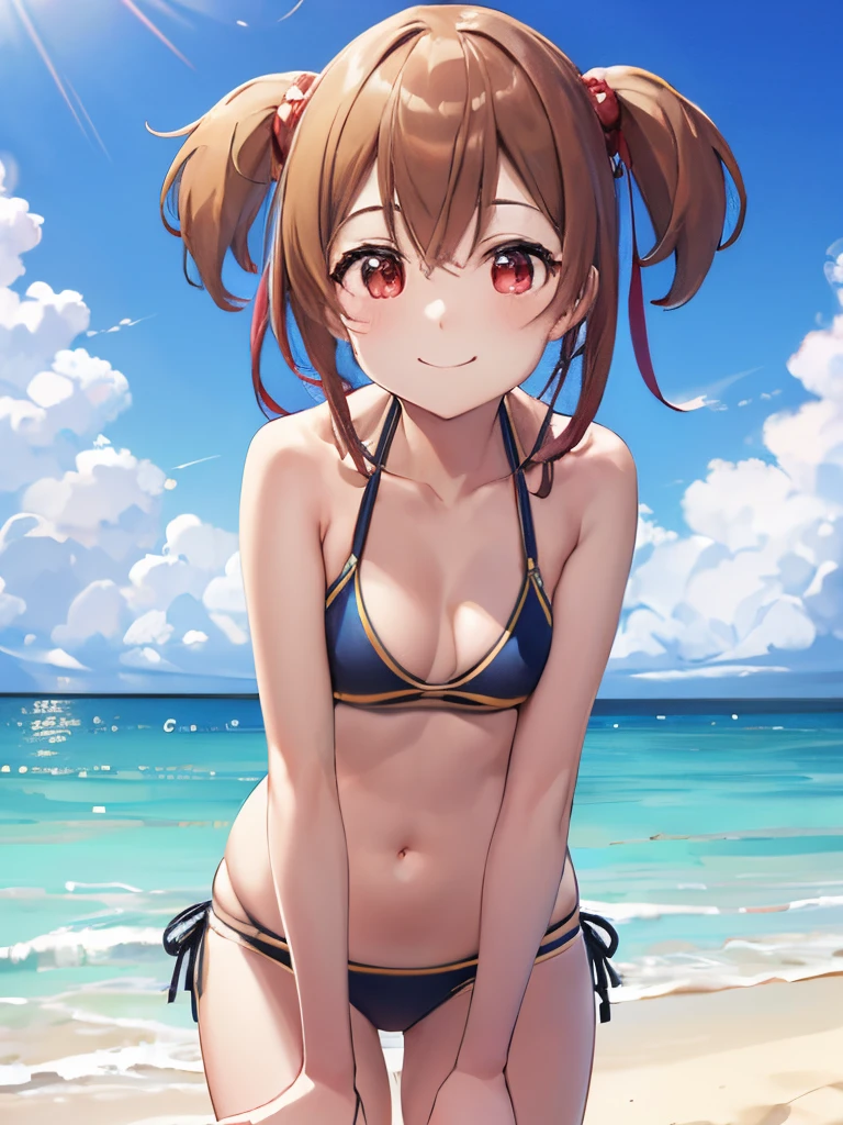 (Photo:1.3), detaileds, silica_Aro, Solo, ８K image、Standing、During the walk、small tits、Smile, Standing、The absolute standard is the center of the navel..、front-facing view、stands on the beach, head rest, The bikini,The bikini、 The bikini,Stand on the sand、The bikini