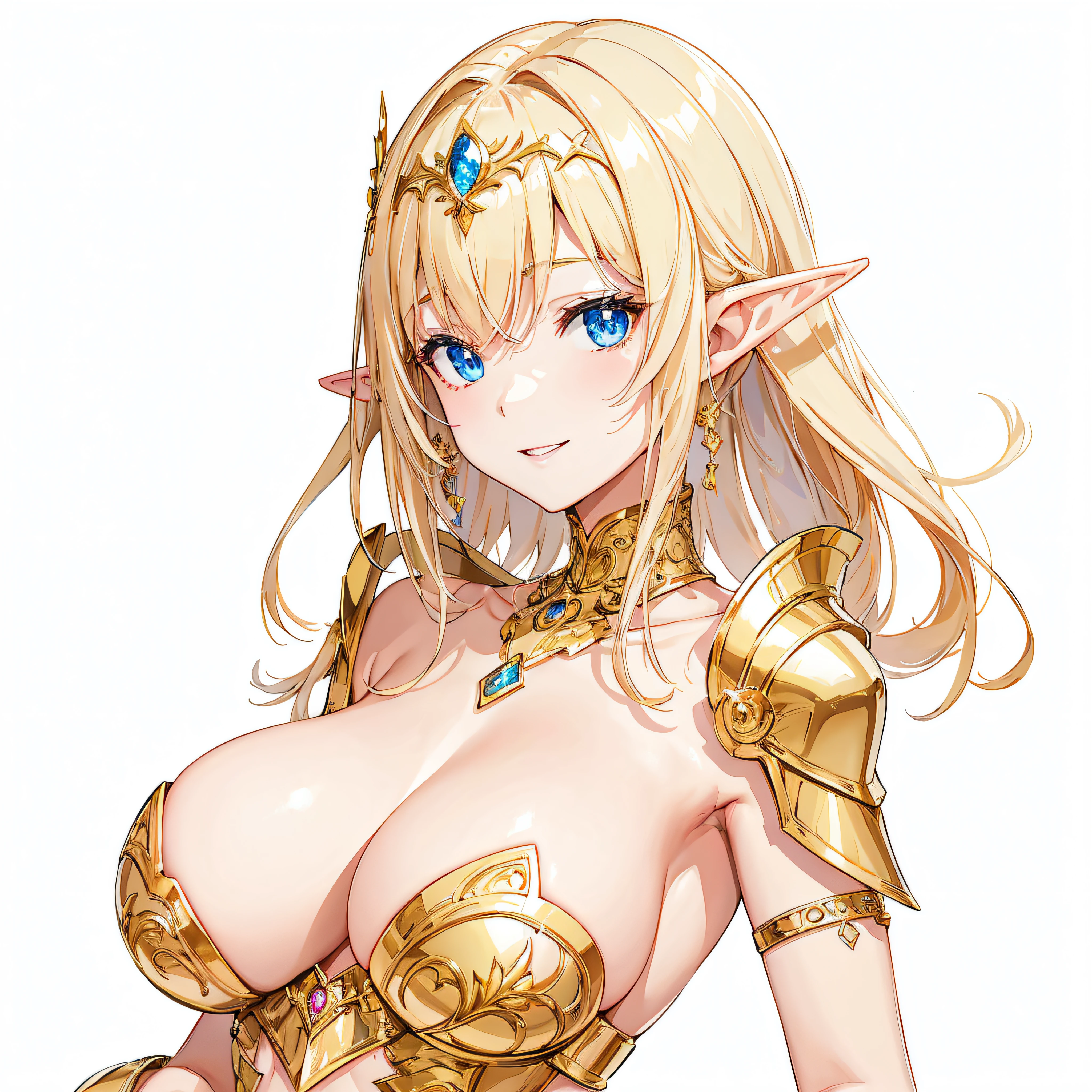 masterpiece、top-quality、ighly detailed、hight resolution、16k、fullnude、Teetoob proportions、golden armour、Very thin skirt、Black pants、Very white skin、Beautiful fingers、Anime girl with very big breasts posing naked、Perfect Style、elvish、no-bra、Blonde blue-eyed、A smile、An elf girl、slim the contours