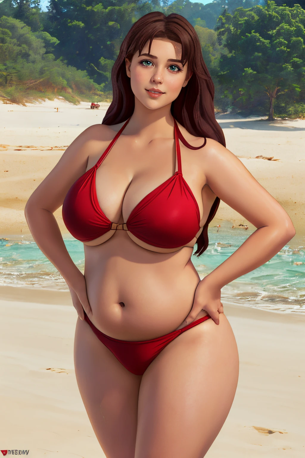 masterpiece, (photorealistic), (8k wallpaper) , (best quality), perfect quality, solo, (detailed eyes:0.9), girl, Olga Dmitrievna, red hair, beach, eating donut, small smile, very young, face : (very young, European, very beautiful face, young). figure : (very full figure, curvy, very plump, flabby, very chubby, very chubby belly, love handles, muffin top, navel, very soft, very thick, sexy, sexy pose, very fat, fat rolls, belly rolls, very fat hips, belly overhanging, cellulite, fat ass, fat thighs). clothes: ( tight micro bikin, digging in microbikini).