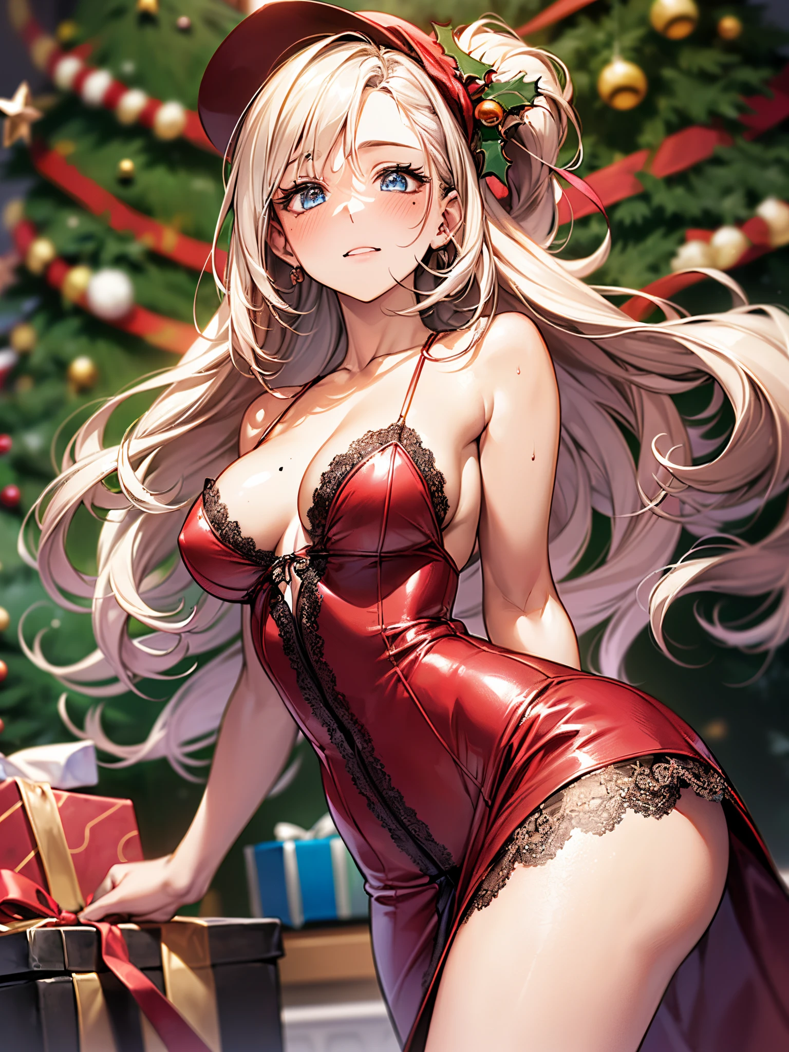 ((perfect anatomy, perfect human body, super detailed skin)), 1 girl, japanese, , shiny skin, watching the view,
beautiful hair, beautiful face, beautiful detailed eyes, (long hair:1.7, side ponytaail:1.5), blond hair, blue eyes, mole under eye,
beautiful clavicle, beautiful body, beautiful chest, beautiful thigh, beautiful legs, babyface, medium breasts, perfect body, gorgeous faces, seductive boobs, seductive thighs,
symmetrical clothing, (metallic red christmas' lace nightgown :1.3), (metallic red high heels), (metallic red christmas' hat),
(facing the front), (((blushing cheeks, embarassed expression)), (((the skirt is rolled up by the wind))),
(beautiful scenery), christmas night, indoors, livingroom, (christmas tree:1.3),
(top-quality, masterpiece:1.2, extremely detailed), (photorealistic:1.4), beautiful illustration, cinematic lighting, (thigh focus, from below, view from forward:1.3),