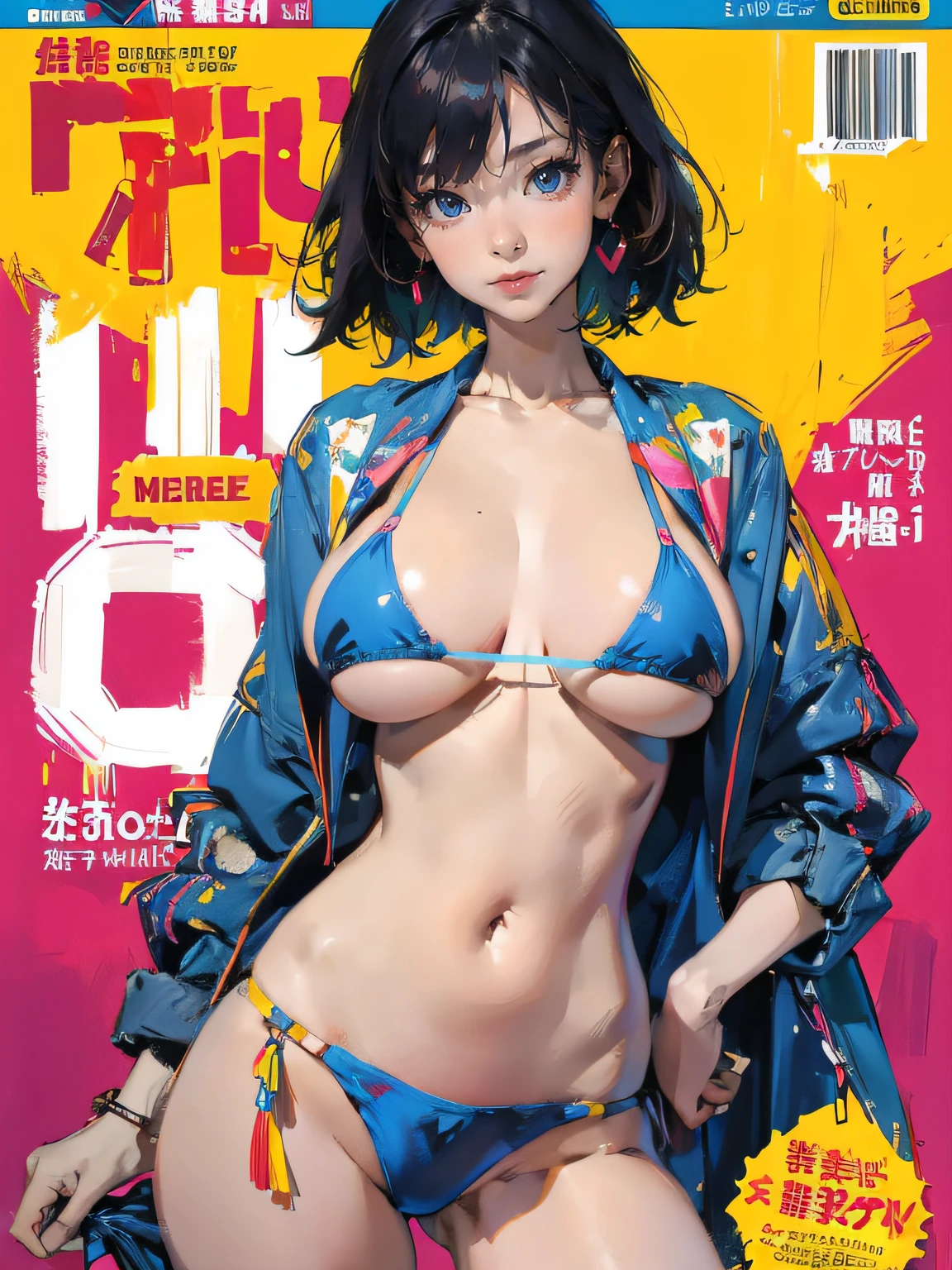 (masterpiece:1.2, best quality), (magazine cover), (colorful Magazine cover with lots of text), brilliant colorful paintings, Comic cover style, masutepiece,Best Quality,Ultra-detailed,High resolution,Unity 8k壁纸,super detailed skin,Cinematic lighting,Beautiful detailed eyes,Ideal ratio body proportions,(gigantic breasts:1.4), bikini of, underboob, Small bikini,((slim)), Thin, an hourglass figure, Toned, Flat belly, (wide hipear a child on the hip), micro bikini, thick thighs, magazine cover, (highly detailed:1.2)