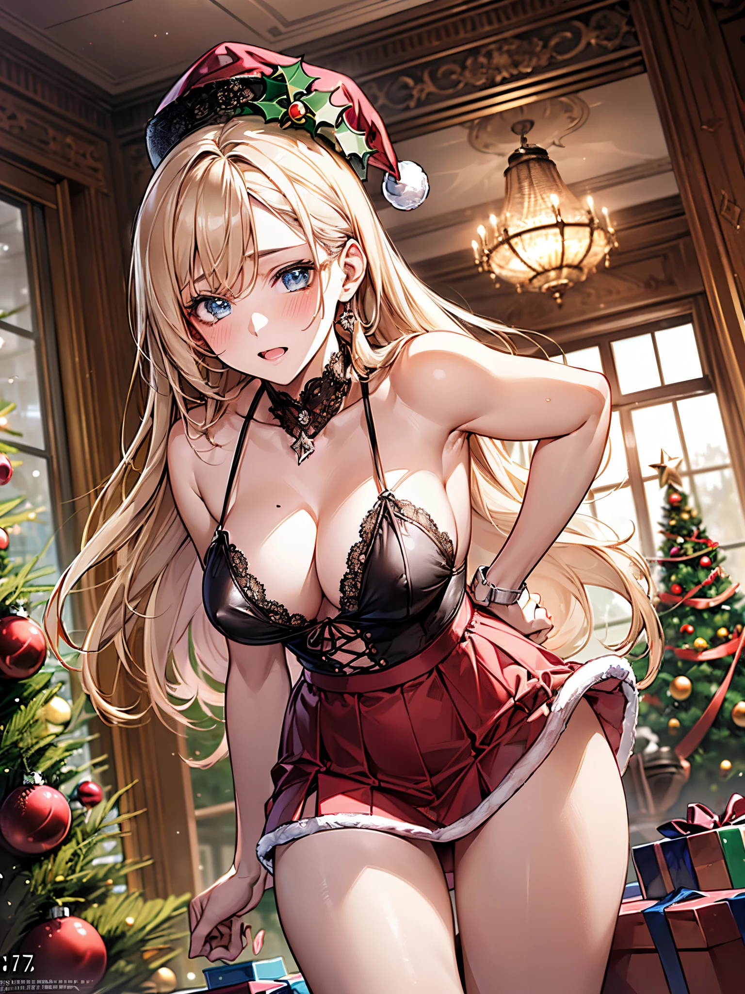 ((perfect , perfect human body, super detailed skin)), 1 girl, japanese, 16 years old, shiny skin, watching the view, 
beautiful hair, beautiful face, beautiful detailed eyes, (long hair:1.7, side ponytaail:1.5), blond hair, blue eyes, mole under eye, 
beautiful clavicle, beautiful body, beautiful , beautiful thigh, beautiful legs, babyface, , perfect body, gorgeous faces,  ,  thighs, 
symmetrical clothing, (metallic red christmas' lace nightgown :1.3), (metallic red high heels), (metallic red christmas' hat), 
(facing the front), (((blushing cheeks, embarassed expression)), (((the skirt is rolled up by the wind))), 
(beautiful scenery), christmas night, indoors, livingroom, (christmas tree:1.3), 
(top-quality, masterpiece​:1.2, extremely detailed), (photorealistic:1.4), beautiful illustration, cinematic lighting, (thigh focus, from below, view from forward:1.3),