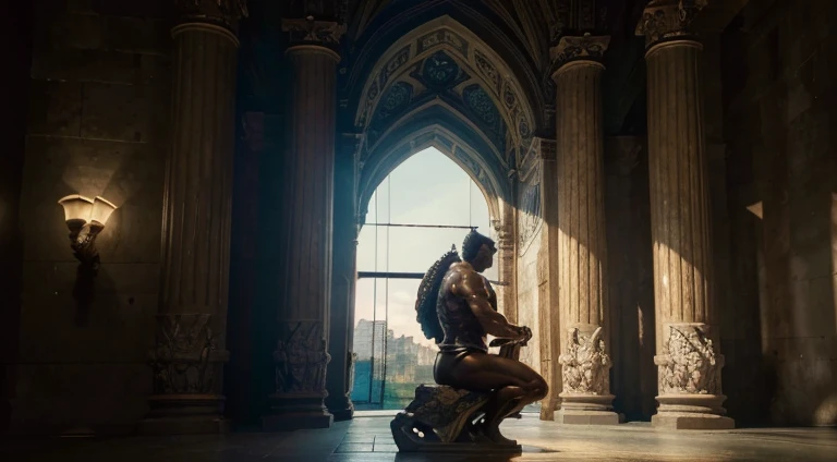 (best quality,8k,highres,masterpiece:1.2),dark background,heroic sculpture,scenic dragon view,strong muscular figure,profile of Hercules sitting, meditation positivo,Herculean muscles,ancient Greek theme,deep shadows,cinematic lighting,vivid colors,realistic,physically-based rendering,majestic,eye-catching,attention-grabbing