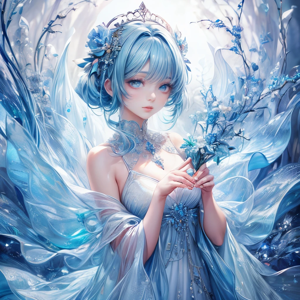 (best quality:1.4),(masterpiece:1.4),ultra-detailed,8K,CG,exquisite,upper body,loneliness,thumb girl,little princess,blue chiffon court dress,ocean background,detailed facial features,red hair,almond-shaped eyes,elaborate eye makeup,long eyelashes,green eyes,and star-like gaze,complex lip details,soft and harmonious style.