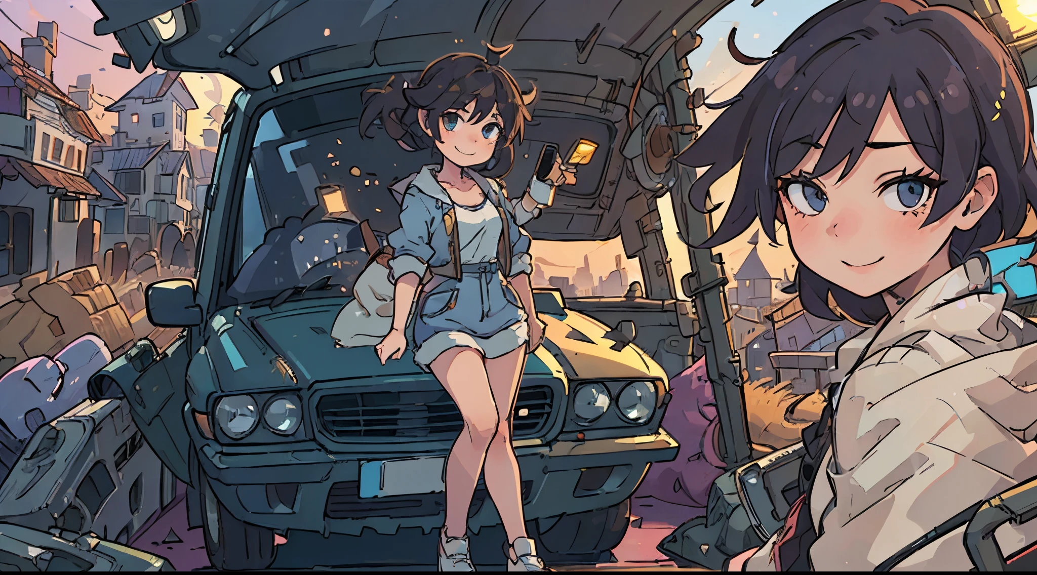 (best quality,ultra-detailed:1.15), (soft lighting,sharp:1.2), early morning, girl posing in front of a car, full body, Fujifilm, anatomically correct, irresistibly smile, sunlight, Europian vehicle, Europian town