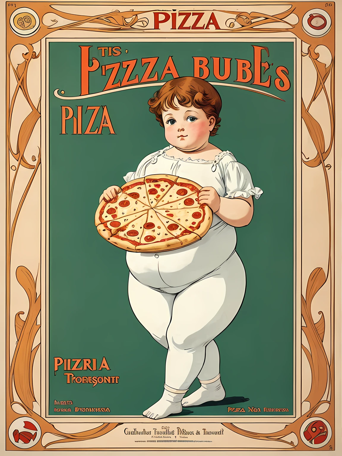 Art Nouveau,Pizza baby, simple design, poster, Toulouse Lautrec, 1880's, a chubby infant holding a pizza pie, SFW