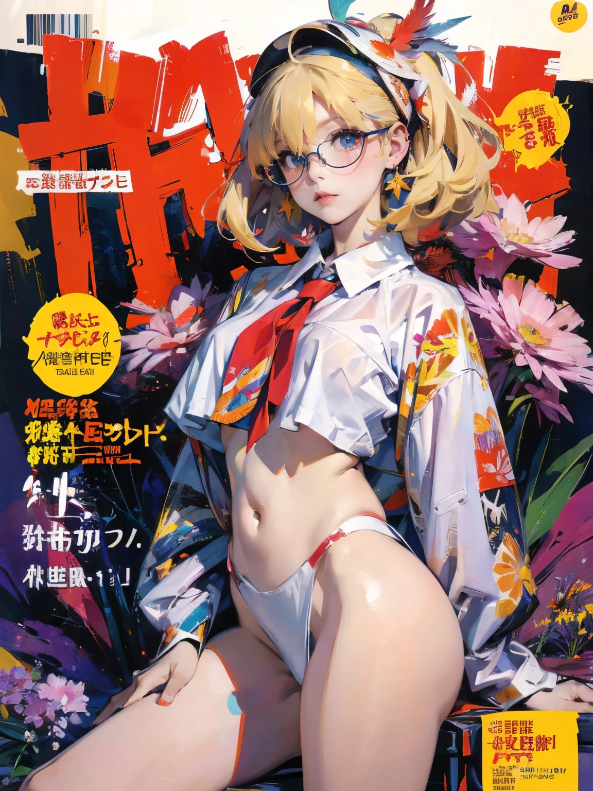 (masterpiece:1.2, best quality), (magazine cover), (colorful Magazine cover with lots of text), brilliant colorful paintings, Comic cover style, anime styled。illustratio。Fantasia。White feathers。girl with。eye glass。is in estrus。a blond。undergarment。Autumnal Equinox Day。Colossal titlank。pubick hair。teats。a miniskirt。Shy。Exposed。Spreading legs, magazine cover, (highly detailed:1.2)