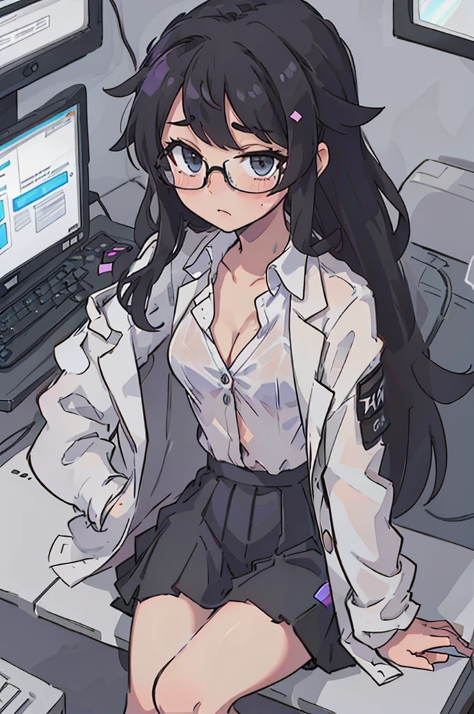black hair, girl, long hair, scientist, glasses, some cleavage, small boobs, sitting by futuristic computer screen, typing on holographic keyboard, closed coat, (lab coat), (long skirt), tight skirt, black skirt, ((white button-up shirt))