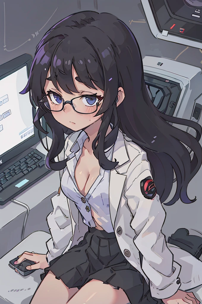 black hair, girl, long hair, scientist, glasses, some cleavage, small boobs, sitting by futuristic computer screen, typing on holographic keyboard, closed coat, (lab coat), (long skirt), tight skirt, black skirt, ((white button-up shirt))
