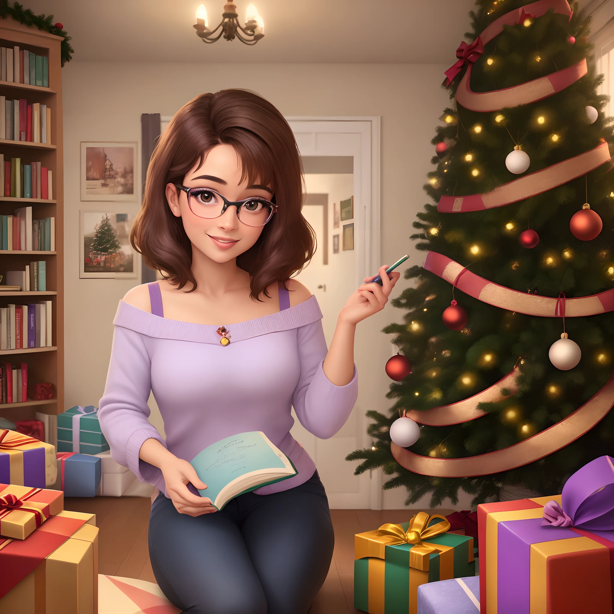 a Disney Pixar-style image or poster: mulher de pele clara, brown eyes wearing glasses, cabelo longo castanho liso, READING SEVERAL BOOKS. scenecy: Lilac color chart, na sala de estar, ao lado da estante, House decorated for Christmas celebration, With tree and gifts