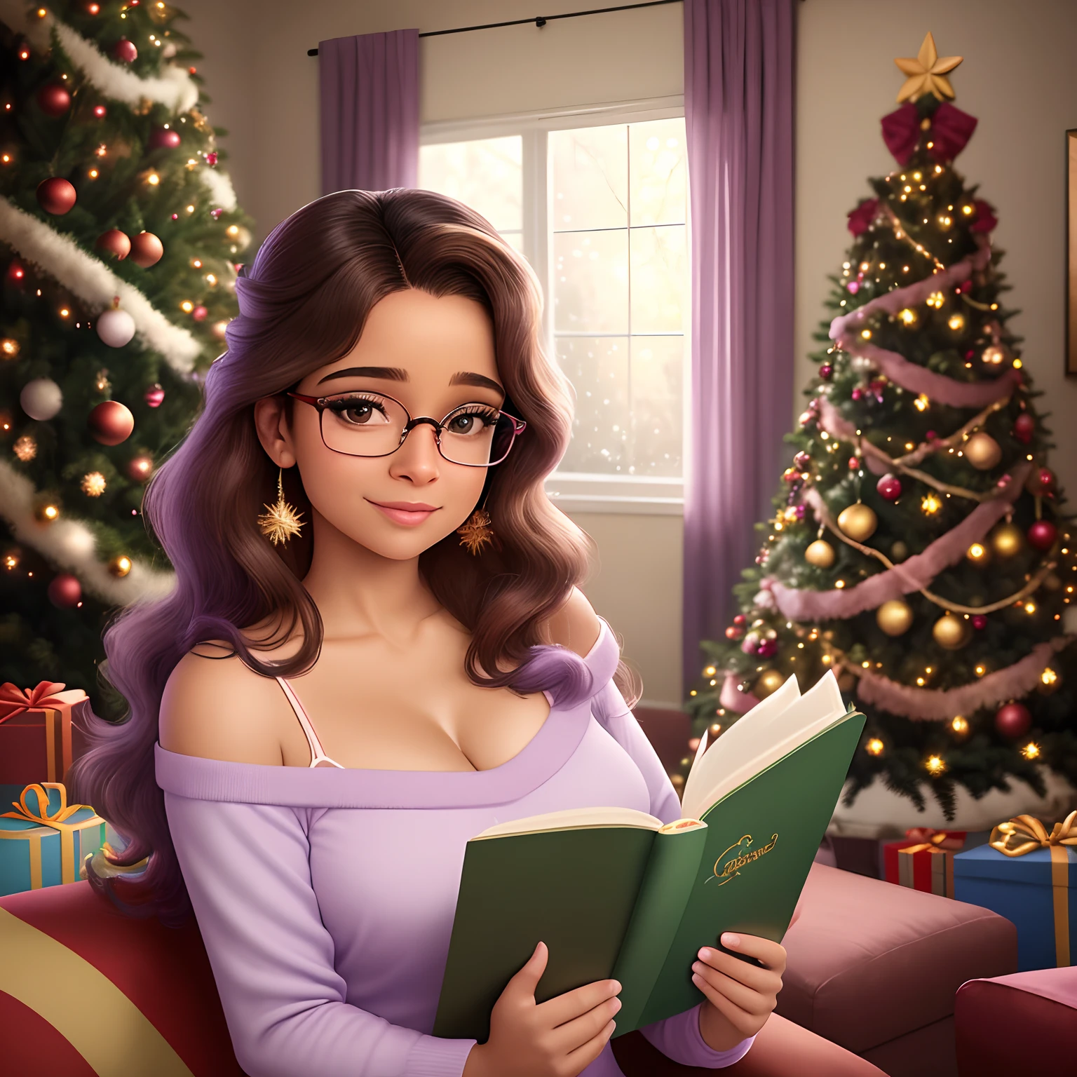 a Disney Pixar-style image or poster: mulher de pele clara, brown eyes wearing glasses, cabelo longo castanho liso, READING SEVERAL BOOKS. scenecy: Lilac color chart, na sala de estar, Ao lado da estante, House decorated for Christmas celebration, With tree and gifts