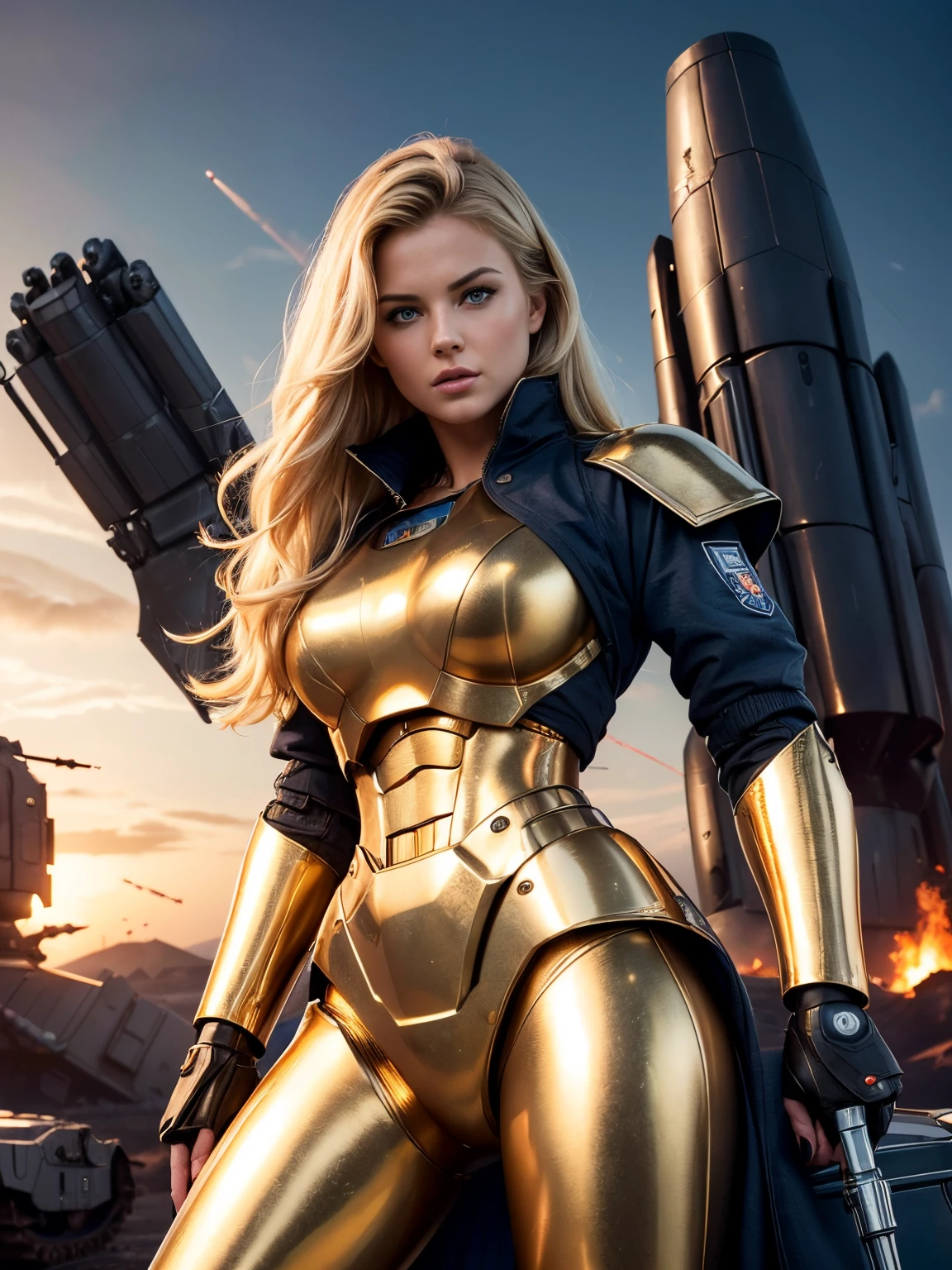 (Ultra high-definition imageidelity :1.2),Realistic,High quality,Movie Light, full body, 1 gorgeous european blonde woman, (stands in front of a giant metallic war robot:1.3),she wears blue shorts and black jacket, flirts with camera