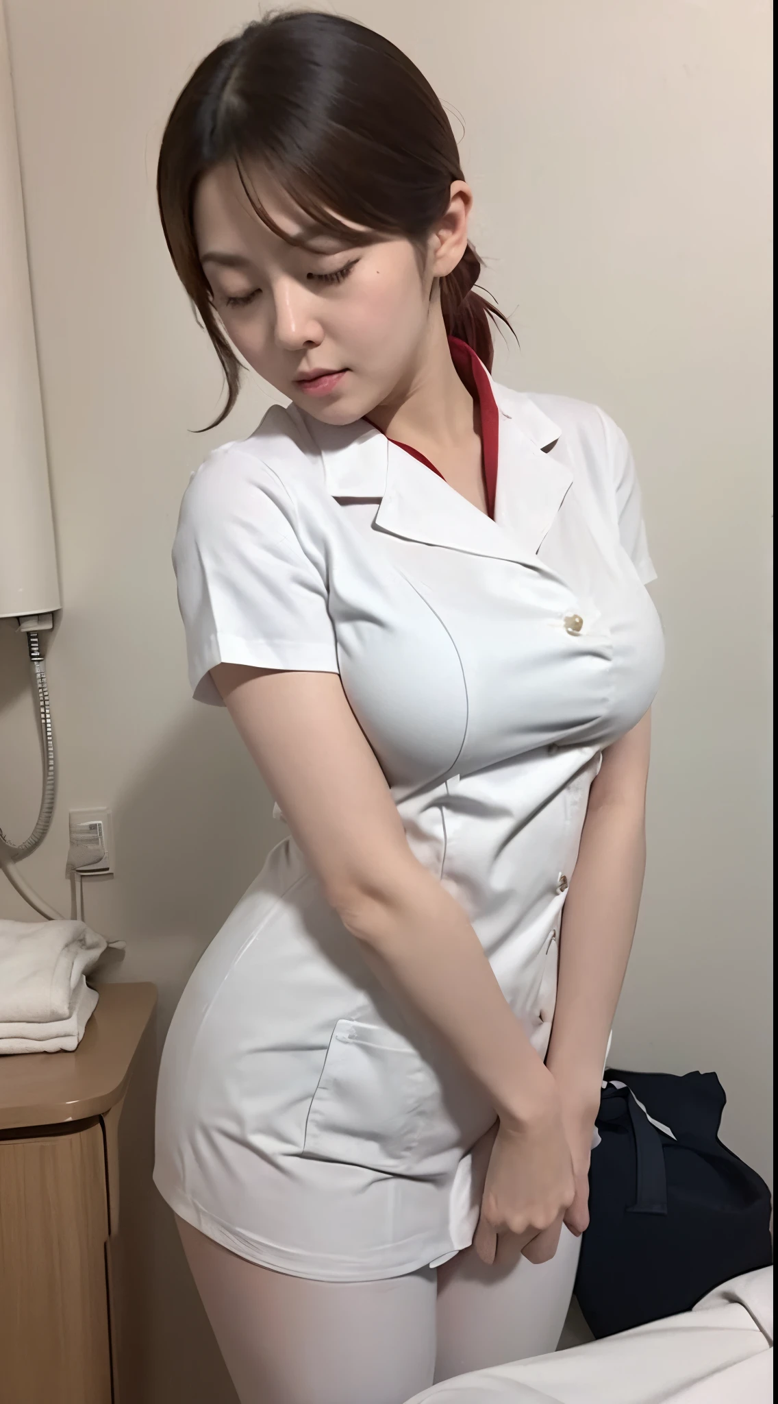 (top-quality、8K、32K、​masterpiece、nffsw:1.2)、Photo of a cute Japanese woman、女の子 1 人、(Medium short dark brown hair)、(Too big big breasts)、二重まぶた、White nurse uniform、（Small white nurse cap）、White shirt、open-shirt、hospitals、Hospital Room、The upper part of the body、NSFW、Pink panty、(Making an injection in a man's arm:1.3)、Examine the man、Measure blood pressure in men