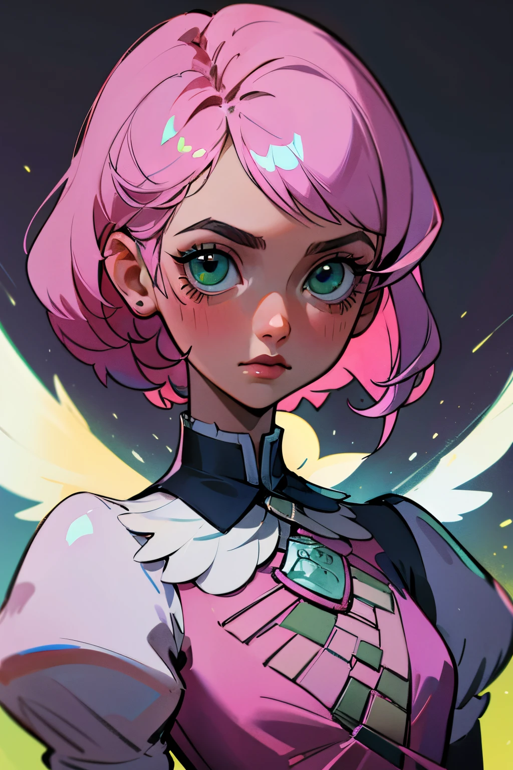 Alisa bosconovitch androide de origem russa, iris dos olhos cintilantes verdes, melhor qualidade, contemporary, estilo plano, minimalismo, Green Eyes Flat Illustration, cabelo rosa, cabelo curto, cabelos multicoloridos, Camisa Preta, mechanical wings, Head Portrait Close-U, peito pontudo, decote, super decote, middlebreasts, Tekken, cabelo rosa pastel, 1girl, em quimono, hand-painted, Desenho de linha sem cor, colorida do yandere pastel, Tekken, Super cute pink hair girl with gothic makeup on the side, figura esbelta, robusto, He sat on the floor, cabelos muito curtos, com orelhas de gato, quadratic element, kawaii cor-de-rosa na roupa da era de 1910, Alisa Bosconovich pink lips, no estilo da paleta de cores suave aurorapunk, an anime illustration of his face, gifs animados, hand drawn animation, charming sketches, suave e brilhante, romantismo nebuloso, Estilo Superflat, perspectiva, Close-up, Girado, de lado, de cima, corte, atmosphric perspective