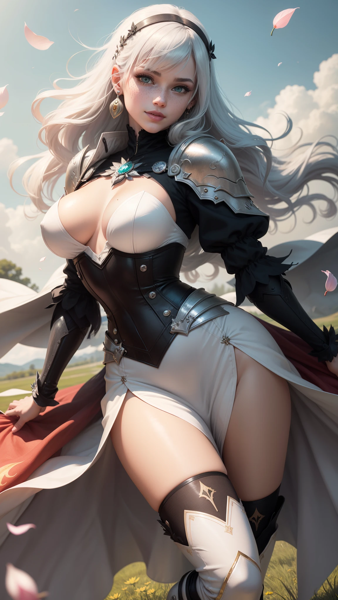 gwen tennyson,yorha 2b,tracer,y'shtola rhul,solo girl,overwatch,atelier ryza,close up,meadow view,tattoos,royal gray and white plugsuit,white short sleeve knight top,full plate steel knight armor top,long knight skirt,lotus embroidery knight corset,long curly hair,princess makeup,green eyes,multicolored silver hair,long dress train,sexy smile,freckles,beautiful girl,knight thigh high boots,large breasts,8k,ultra detailed,realistic,fantasy art,silver knight uniform,wedding gown dress,ear piercings,crystal lotus hand and neck jewelry,(weather:windy),long royal pink knight coat,crystal castle,silver hair pin, lotus petals flying,blossom petals flying,